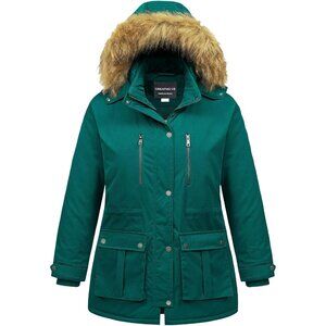 Women's Winter Warm Green Waterproof Puffer Jacket Coat Thicken Fur Hood